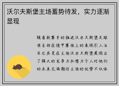 沃尔夫斯堡主场蓄势待发，实力逐渐显现