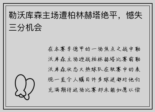 勒沃库森主场遭柏林赫塔绝平，憾失三分机会