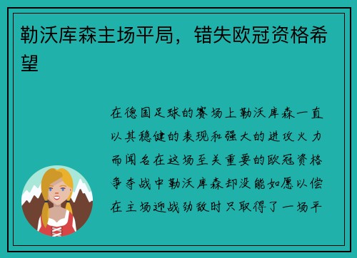 勒沃库森主场平局，错失欧冠资格希望