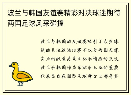 波兰与韩国友谊赛精彩对决球迷期待两国足球风采碰撞
