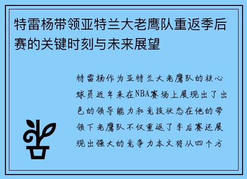 特雷杨带领亚特兰大老鹰队重返季后赛的关键时刻与未来展望