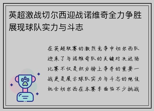 英超激战切尔西迎战诺维奇全力争胜展现球队实力与斗志