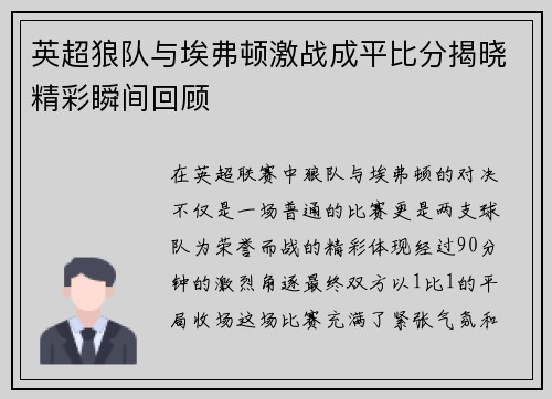 英超狼队与埃弗顿激战成平比分揭晓精彩瞬间回顾