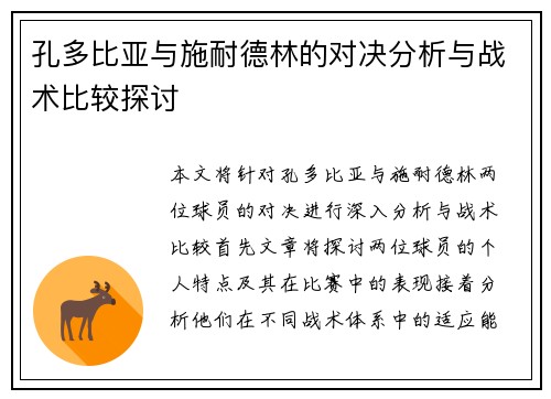 孔多比亚与施耐德林的对决分析与战术比较探讨