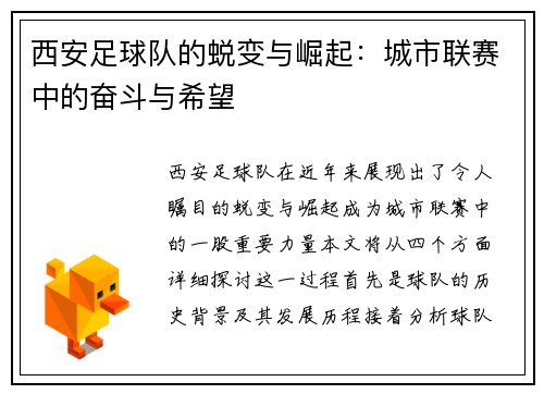 西安足球队的蜕变与崛起：城市联赛中的奋斗与希望